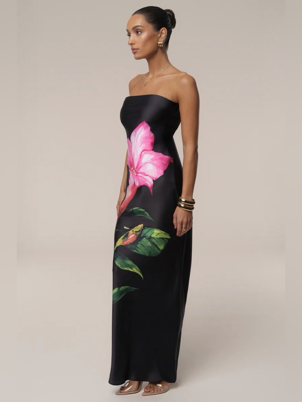 JLUXLABEL Black Strapless Maxi Dress with Pink Floral Print - Picture 3 of 5